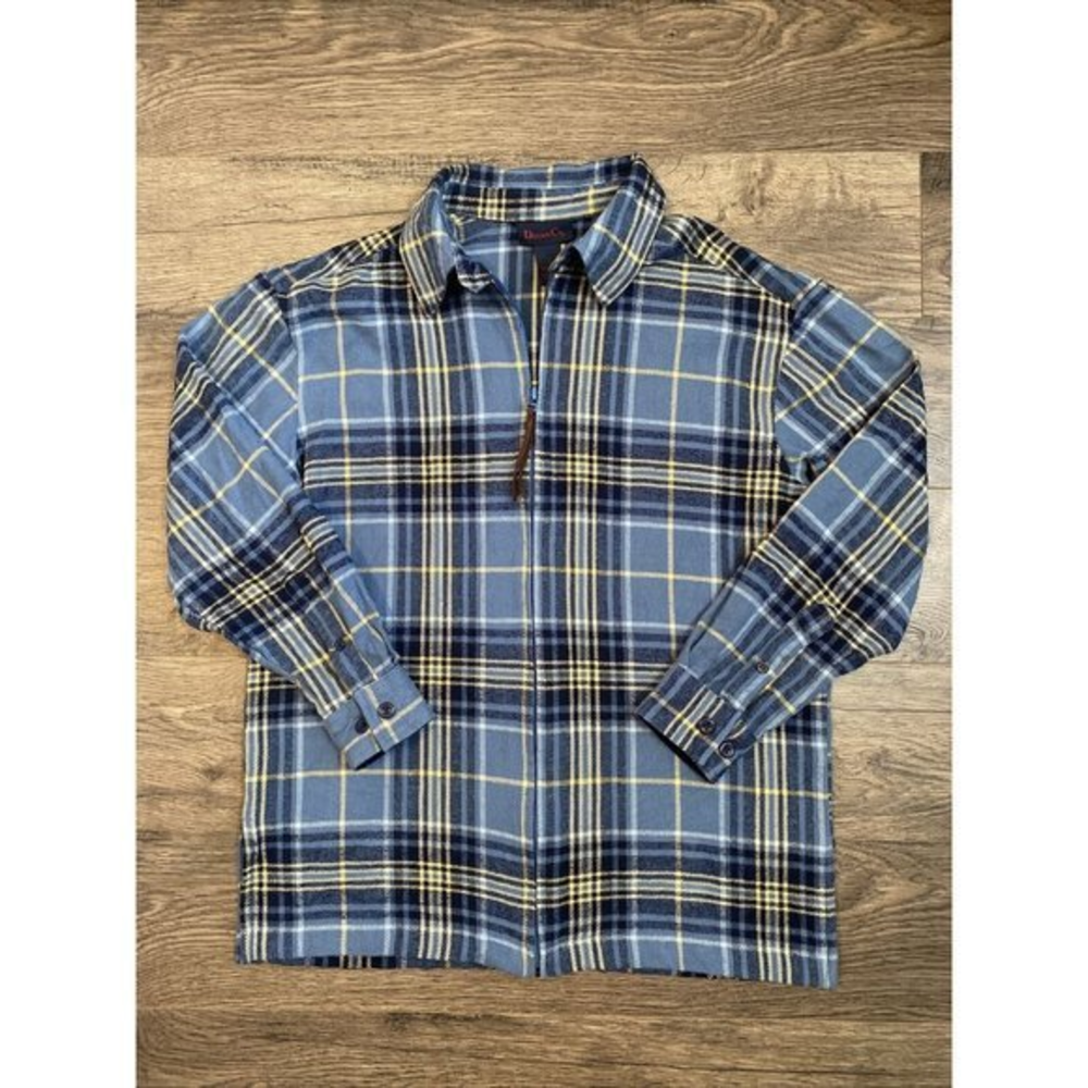 Womens Denim & Co long sleeve leather tassle plaid zip up Shacket size small